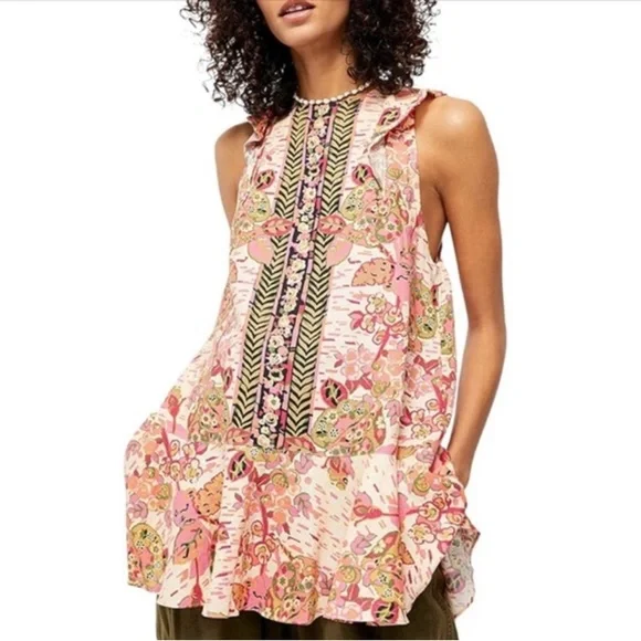 FREE PEOPLE SUMMER IN TULUM LINEN BLEND TUNIC PEBLUM PINK FLORAL mini dress/TOP - Picture 4 of 16